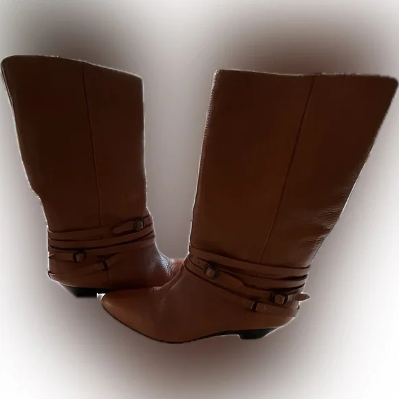 Frye Brown Leather Heeled Boots with Buckle Detail - Picture 2 of 5